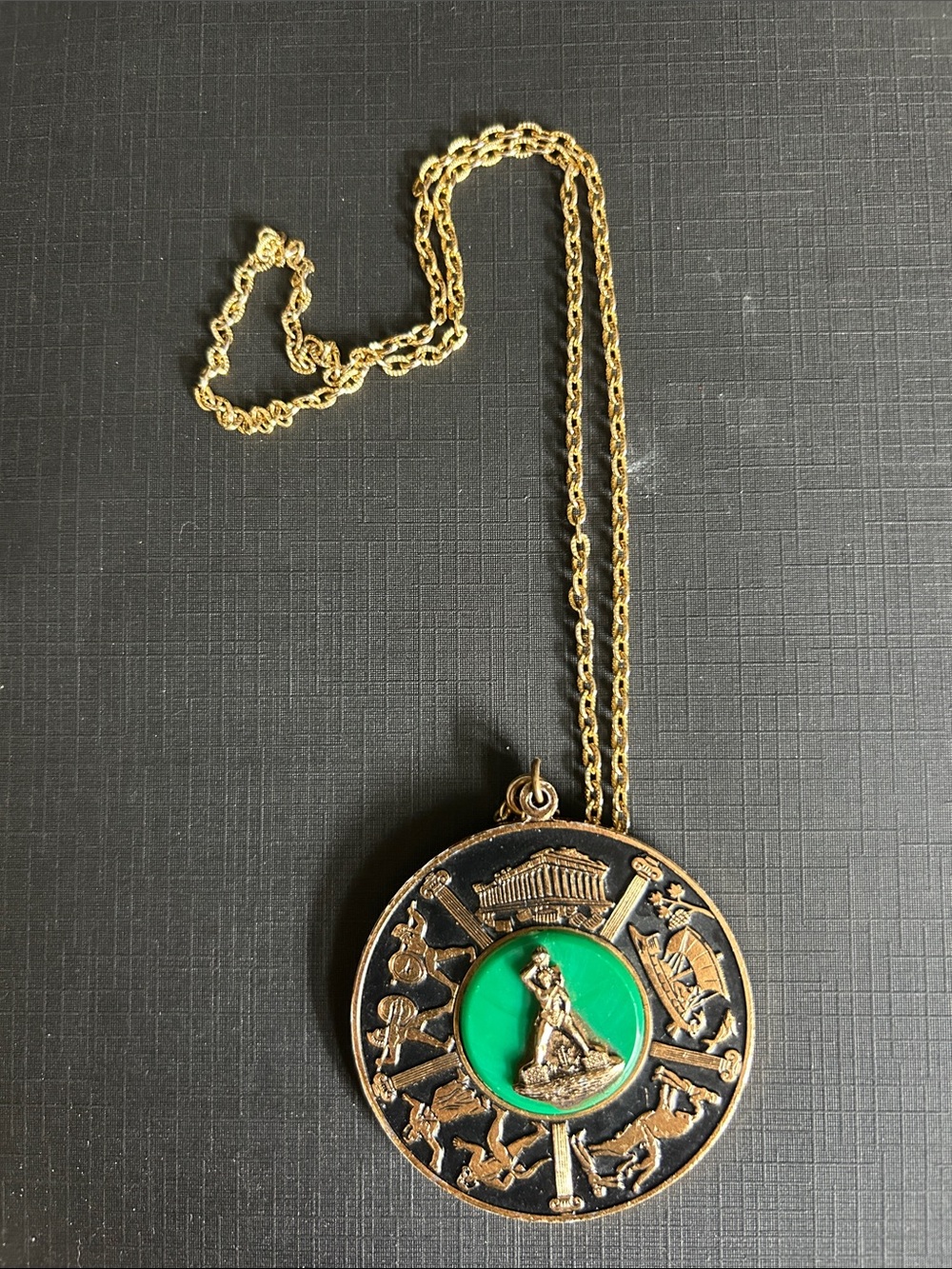 Greek Gold-Tone Green Medallion Pendant Necklace - Women Jewelry